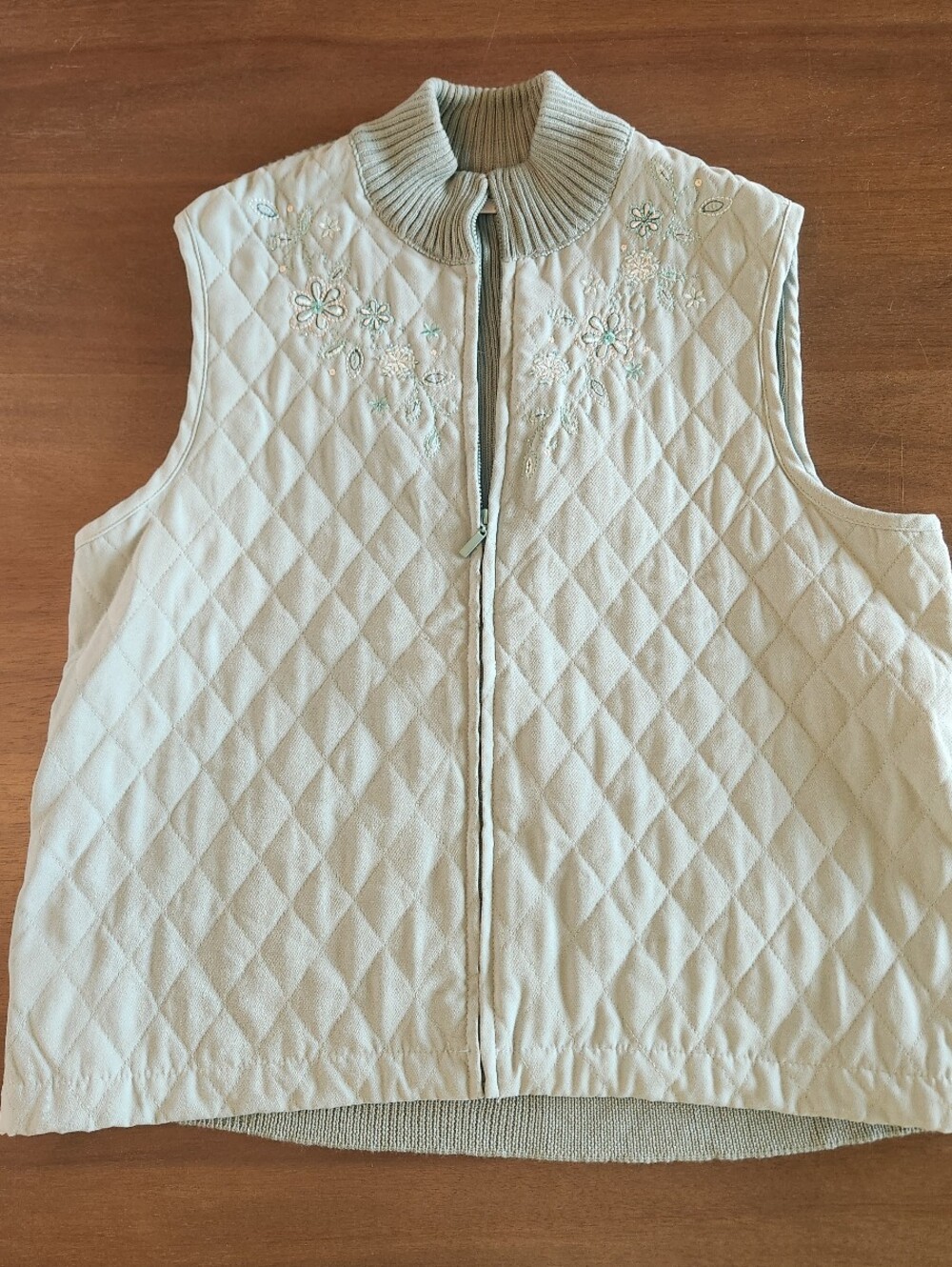 Alfred Dunner Light Green Quilted Sleeveless Zip Vest with Floral Embroidery